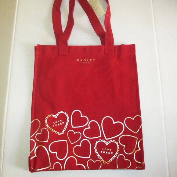 Radley London Love Token Canvas Tote Bag Scottie Dog Gold Hearts Red - Picture 11 of 13